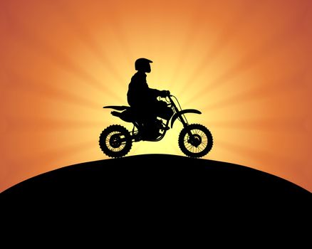 Illustration of a person riding a motorbike over a hill with a sunset background

