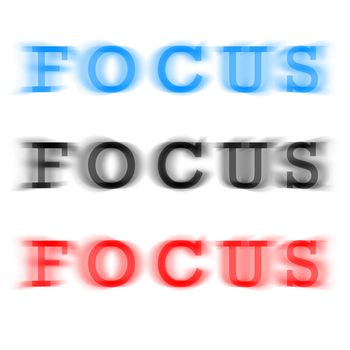 The word focus in three different color variations with a blur effect.