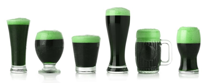 Different glasses of St. Patrick's Day green beer