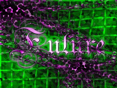 Futuristic 3d Purple on Green Pixelated Fractal Texture With Text saying Future