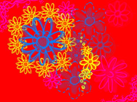 Psychadelic Flowers on Bright Red Design Illustration Background