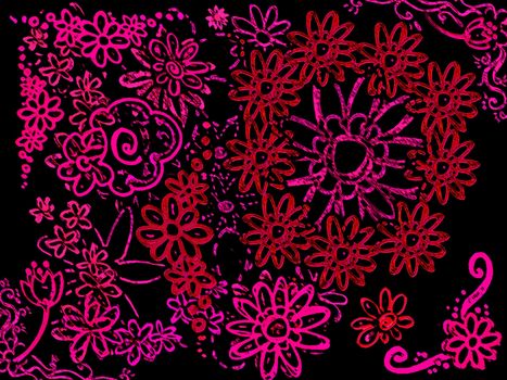 Neon Pink Various Flowers on Black Background Illustration