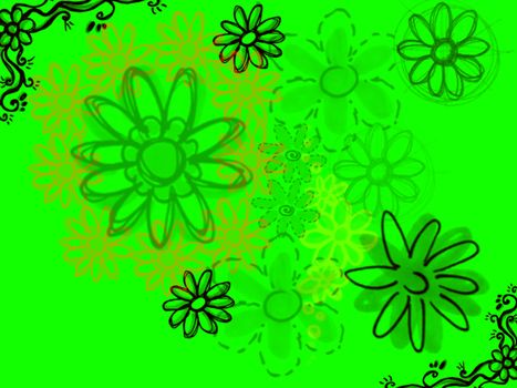 Sketched Flowers in Black on Bright Green Background Illustration