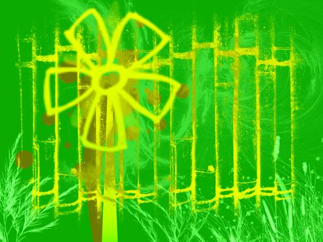 Cartoon Windmill Generator in Yellow on Green Background with Bamboo Effect and Wind Swoosh Style