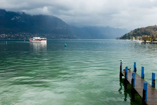 Pleasure boat at the Europe's cleanest Lake Annecy, Haute-Savoie, France