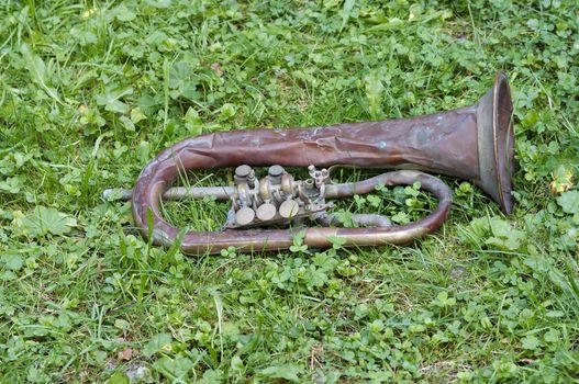 Shot of the lost old trumpet in the grass