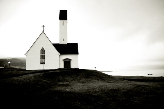 small white church by seaside, december, Iceland

