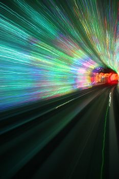 abstract background with sparkling light waves in deep tunnel turning right, vertical