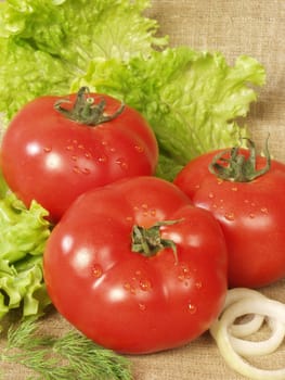 Three red tomatoes on a leaf of salad on a sacking   