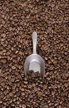 Coffee beans background with a spoon