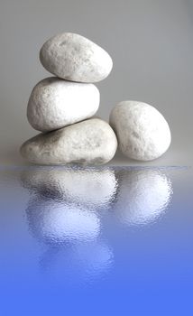 Four big white stones over gray background with reflection