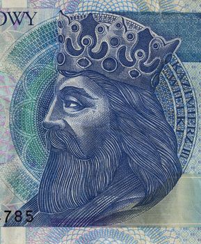 portrait of King Kazimierz (Casimir) III The Great (14th century), one of the greatest Polish monarchs, a detail of 50 zloty (PLN) used banknote from Poland