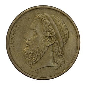 portrait of Homer, legendary ancient Greek epic poet, author of the Iliad and the Odyssey, 50 drachma circulated coin from 1988 (copper with alumnium and nickel)
