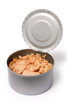 An open tin of pink tuna fish.
