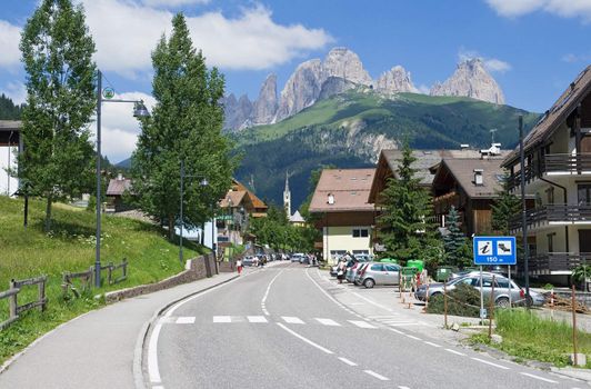 Summer view of Alba di Canazei, small town in Val di Fassa. Trentino, Italy