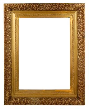 Brass colored picture frame isolated on white. Ornate carvings