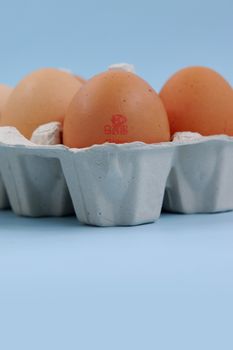 Egg with barcode in carton
eggs on blue background