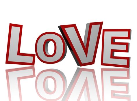 3d colour letters in red and grey, text - Love, isolated with reflection