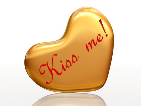 3d golden heart, red letters, text - Kiss me, isolated