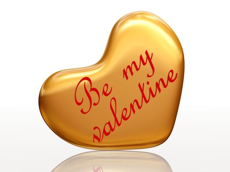 3d golden heart, red letters, text - Be my valentine, isolated