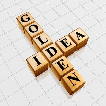 3d gold boxes with black letters with text - golden idea, crossword