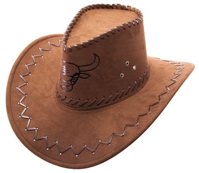 Lonely cowboy's hat on a white background with the image of the bull