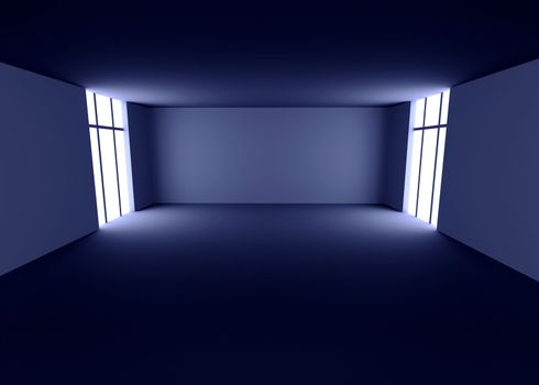 3D rendered Interior. An dark, empty room.