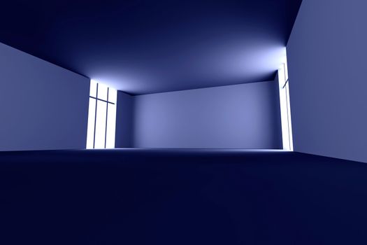 3D rendered Interior. An dark, empty room.