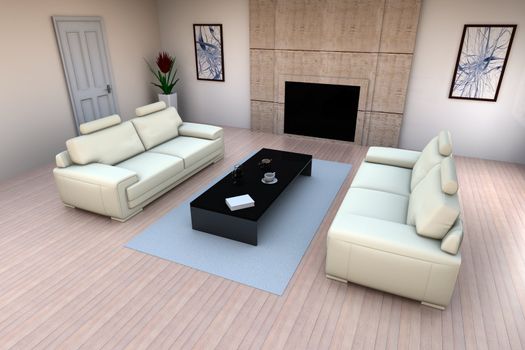 3D rendered Illustration. Interior visualisation of a living room.