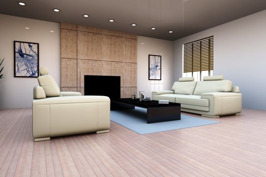 3D rendered Illustration. Interior visualisation of a living room.