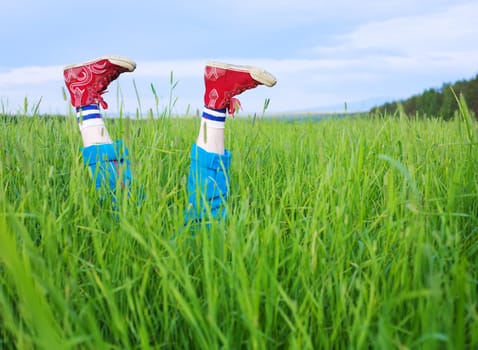 Legs, in a green grass under the blue sky