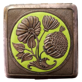 Ancient metal powder box on a white background