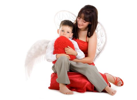 Angel mother with young angel child on isolated background