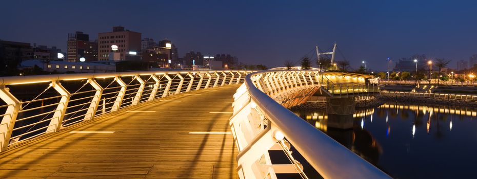 Panoramic night scene with color of bridge in city.