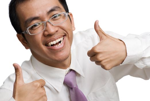 Happy businessman of Asian thumb up on white background.