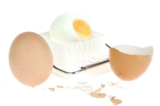 a egg-cutter with an egg and eggshells