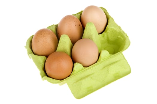 five eggs in a green box