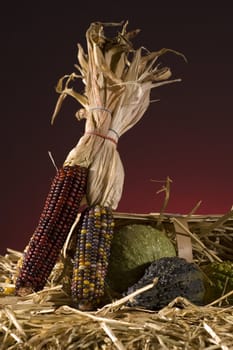 arrangement of squash and corn on a haystack