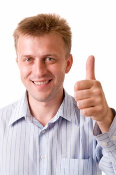 smiling young man with thumbs up on a white background