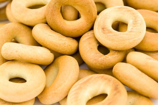 dry biscuits. Heap of bread ring close up.