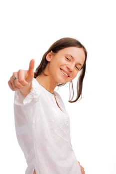 Portrait of a happy  young woman showing a thumbs up sign over white background 