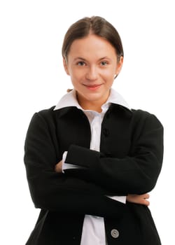 Smiling confident young Caucasian business woman with hands folded isolated over white background 