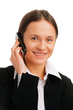 Smiling businesswoman  talking on mobile phone against white background