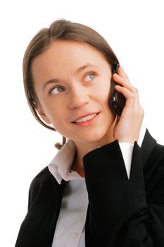 Beautiful young  business woman looking away and talking on mobile phone over white background 