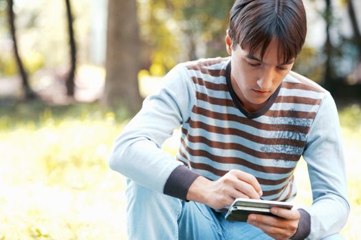 Young man with his PDA in the meadow