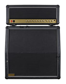 Photograph of the front of a combo guitar amplifier with speaker cabinet. Clipping path included.