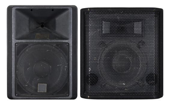 Photographs of the front of two well-worn concert loudspeakers.  Background image for music-related subjects. Clipping paths included.