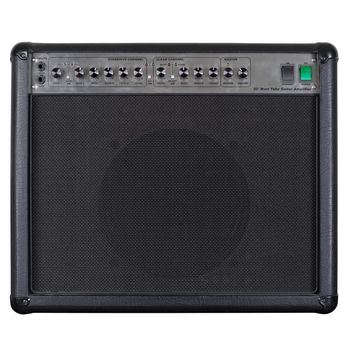 Photograph of the front of a black guitar amplifier. Clipping path included.
