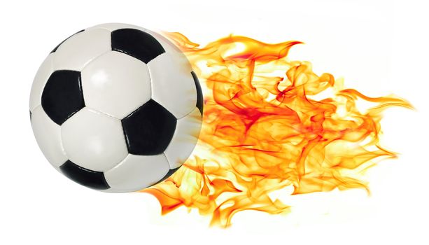 An image of a leather soccer ball in flames soaring through the air on a white background.
