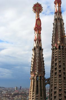 The spires from the church of Sagrada Familia in Barcelona Spain.
